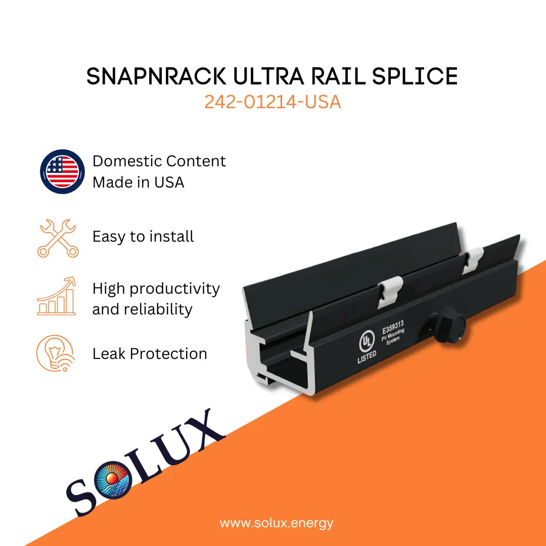 Snapnrack Ultra Rail Splice with Solux branding on an orange and white background